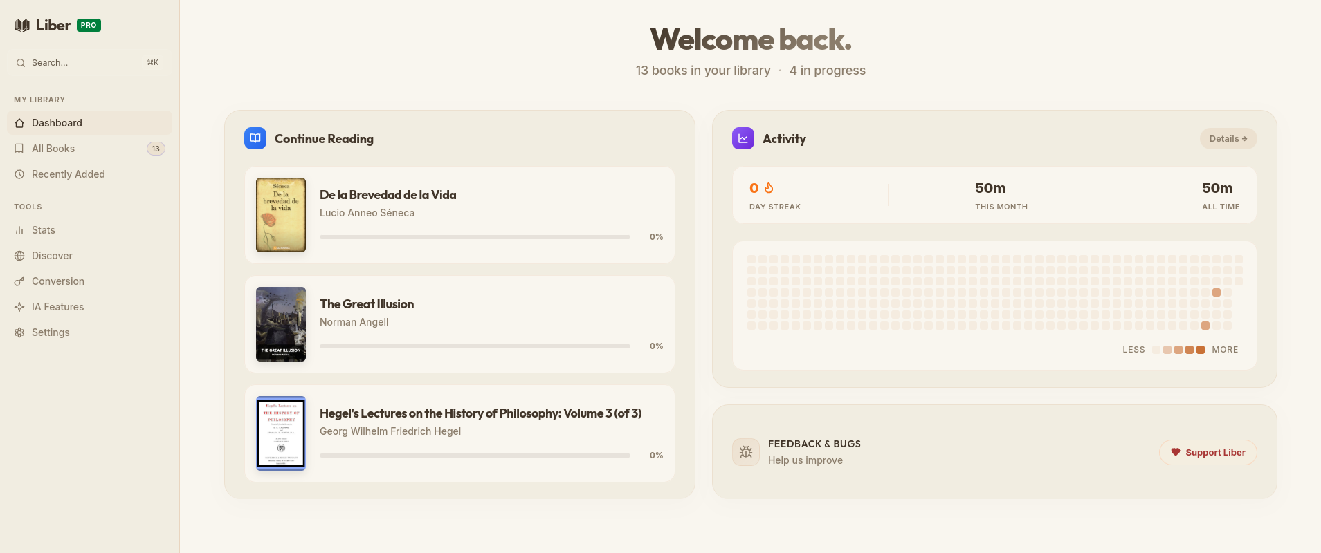 Liber app — library view, sepia theme