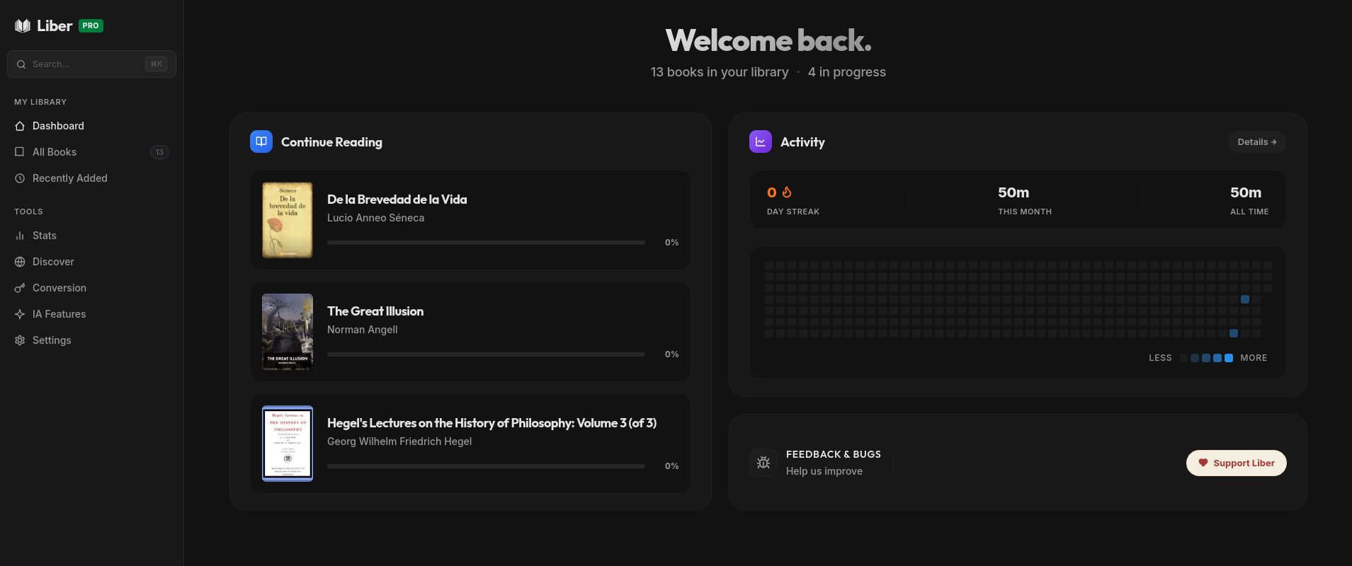 Liber app — library view, dark theme