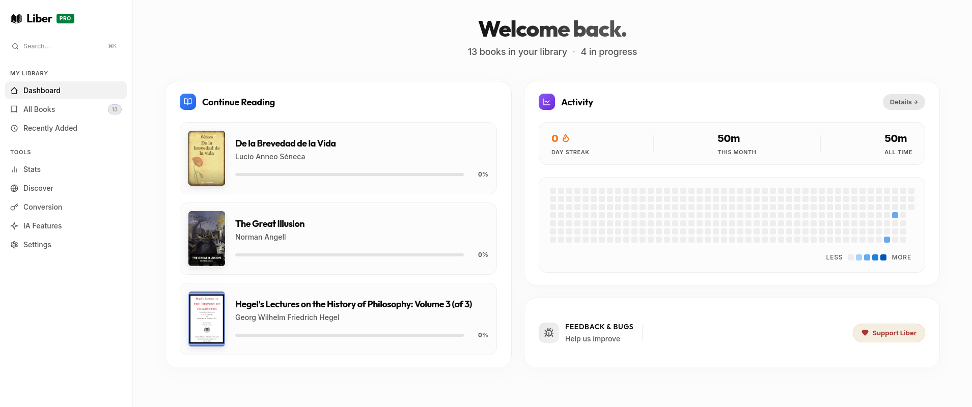 Liber app — library view, light theme